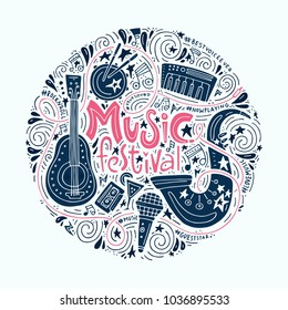 Handdrawn conceptual illustration on music festival - lettering and illustrations of musical instruments. Poster or t-shirt design.