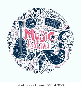 Handdrawn conceptual illustration on music festival - lettering and illustrations of musical instruments. Poster or t-shirt design.