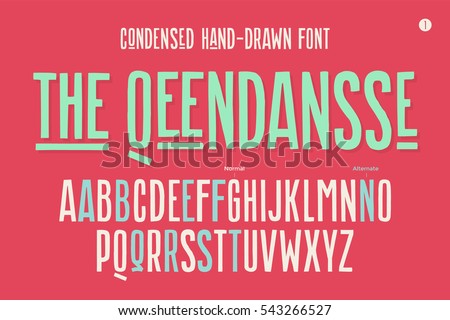 Hand-drawn condensed alphabet and font. Tall and thin uppercase letters and alternative characters. Hand-drawn sketch narrow sans serif font The Qeendansse, part One. Vector Illustration