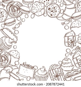 Hand-drawn confectionery background. Cookies, candies, cakes and cupcakes. Vector sketch  illustration.