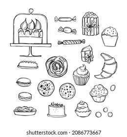 Hand-drawn confectionery. Cookies, candies, cakes and cupcakes. Vector sketch  illustration.