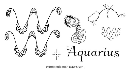 Hand-drawn constellation Aquarius symbols set. Two black and white zodiac signs, a constellation, a jug with water pouring from it and an inscription.  Isolated astrological clip art. Vector.