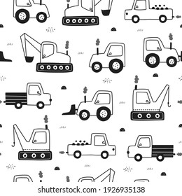 Hand-drawn construction machinery car Seamless vector pattern with tractors Cute design in child style on white background use for print, wallpaper, fabric, fashion textiles.