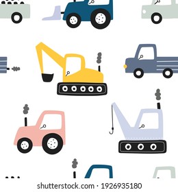 Hand-drawn construction machinery car Seamless vector pattern with a tractor on a white background Lovely design, cartoon style, use for print, wallpaper, fabric, fashion textile.