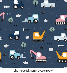 Hand-drawn construction machinery car Seamless vector pattern with the tractor on blue background Cute design, cartoon style, use for printing, fabric wallpaper, textile, fashion.