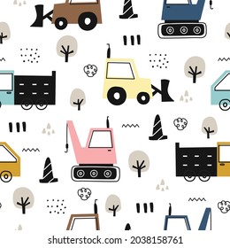 hand-drawn construction machinery seamless vector pattern with tractor on white background hand drawn design in cartoon style Used for printing, wallpaper, fabric, fashion, textile