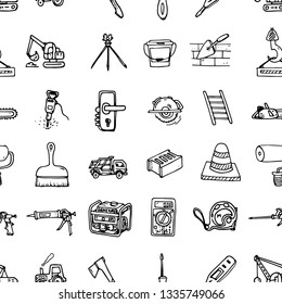 Handdrawn construction tools and equipment set doodle icons. Seamless pattern black sketch. Sign cartoon symbol. Decoration element. White background. Isolated. Flat design. Vector illustration.