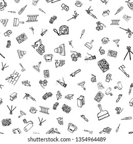 Handdrawn construction tools and equipment set doodle icons. Seamless pattern black sketch. Sign cartoon symbol. Decoration element. White background. Isolated. Flat design. Vector illustration.