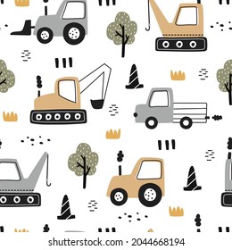 Hand-drawn construction vehicles seamless pattern vector have a tractor with the tree on white background Cute design, cartoon style, used for printing, wallpaper, fabric, fashion textile.