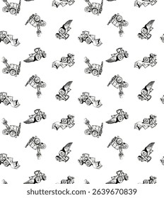 Hand-Drawn Construction Vehicles Seamless Pattern – Black and White Heavy Equipment Illustration