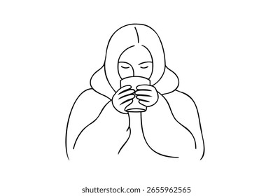 Handdrawn continuous line drawing person drinking from cup beverage