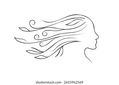 Handdrawn continuous line drawing a woman's profile with flowing hair face