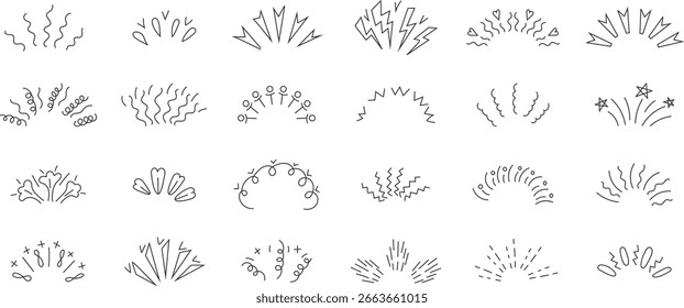 Сollection of hand-drawn continuous line icons illustrating bursts, explosions, confetti, and surprise rays. Each minimalistic design conveys dynamic motion and expressive energy through abstract