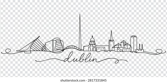 Hand-drawn continuous line illustration of the Dublin city skyline, featuring iconic landmarks like the Spire and Samuel Beckett Bridge.