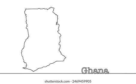 A hand-drawn continuous line map of Ghana. Silhouette of a country located in West Africa. Isolated vector on white background. 