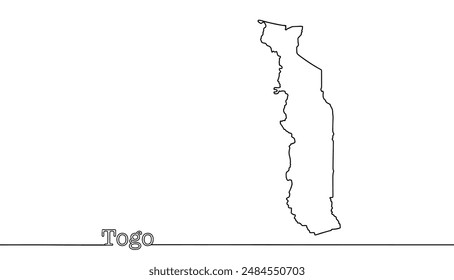 A hand-drawn continuous line map of Togo. Silhouette of a state in West Africa. Black and white vector illustration.