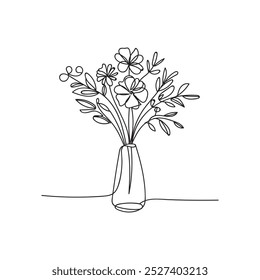 Hand-drawn continuous thin line flowers vase drawing vector illustration.