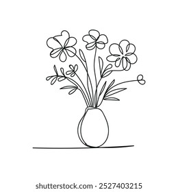 Hand-drawn continuous thin line flowers vase drawing vector illustration.