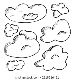 A hand-drawn contour collection of clouds. Isolated vector elements. Stylized clouds in the doodle style. Contour drawing for stickers, decor, postcards, badges, colorings, logos.