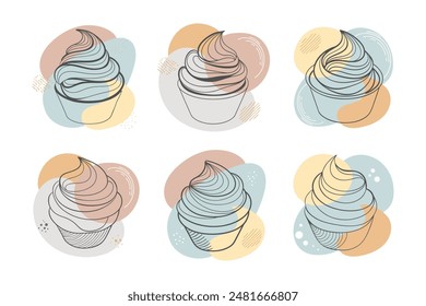 Hand-drawn contour cupcakes with cream on a background of abstract shapes. Line art collection of cupcakes. Food dessert illustration.