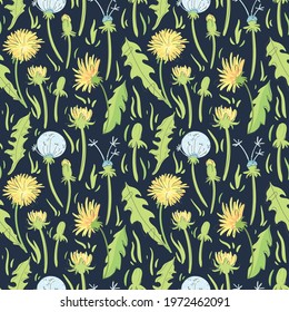 Hand-drawn contour lines of dandelion flowers. Hand drawn minimalist lines. Cute yellow dandelions and fluffy dandelions.  Summer colorful background. Texture design for kids textile. Seamless pattern