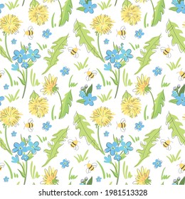 Hand-drawn contour lines of dandelion flowers and  forget me not flowers. Hand drawn minimalist lines. Cute yellow dandelions with bees.  Summer colorful background. Texture design for kids textiles. 