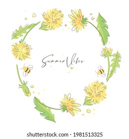 Hand-drawn contour lines of dandelion flowers.Hand drawn minimalist lines. Cute wreath of yellow dandelions with bees. Summer colorful background. Summer vibes.  