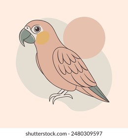 Hand-drawn contour tropical parrot on a background of abstract shapes. Line art, doodle. Illustration, poster, postcard.