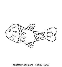 Hand-drawn contour vector fish. Sea sketch doodle illustration. Ornamental fish with patterns. Black cute silhouette