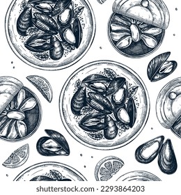 Hand-drawn cooked mussels on platter with herbs seamless pattern. Vector package, banner, wrapping paper template with retro seafood elements. Realistic shellfish background with tinned mussels.