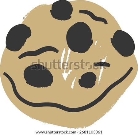 A hand-drawn cookie with chocolate chips in a rough sketch style. The biscuit features uneven chips and textured lines for a rustic look. Cartoon vector illustration.