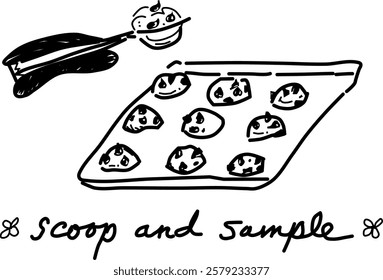 Hand-drawn cookie dough vector doodle. Cookie scoop, cookie dough, and baking sheet. Scoop and sample yummy cookie dough.