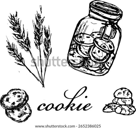 Hand-drawn cookie jar and wheat illustrations in black and white  