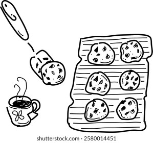 Hand-drawn cookies on cooling rack vector doodle. Spatula and cooling rack with chocolate chip cookies. Enjoy the sweetness of cookies coming out of the oven.