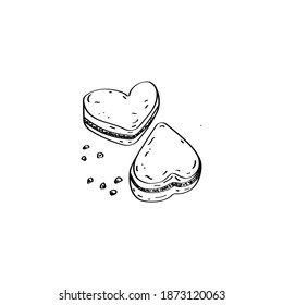 A hand-drawn cookies. Cookies in the shape of a heart Doodle illustration. Vector Valentine's day design element for greeting cards, invitations. Black outline isolated on a white background.