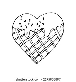 A hand-drawn cookies. Cookies in the shape of a heart Doodle illustration. Vector Valentine's day design element for greeting cards, invitations. Black outline isolated on a white background.