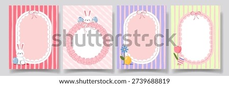 Handdrawn Coquette Easter Frames with bunny, eggs, bow, lace, in vintage girly style and Grandma core. Whimsical Cute printable layout for greeting card, invitation, social media post, seasonal design