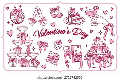 Handgezeichnete Coquette-Elemente für Valentinstag, Hochzeitseinladung, Geburtstagskarte. Süße Girly Bows, Cocktails, Bänder, Kirsche, Kuchen, Glas, Herz, Erdbeere. Vintage elegante Vektorgrafik