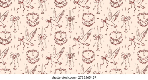 Handgezeichnetes Hochzeitsmuster aus Kokette. Vintage Bänder und Bögen im Stilstil. Nahtloser, romantischer Hintergrund für Valentinstag und Einladungen.