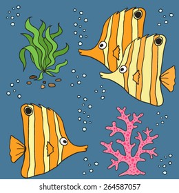 Hand-drawn coral fish set