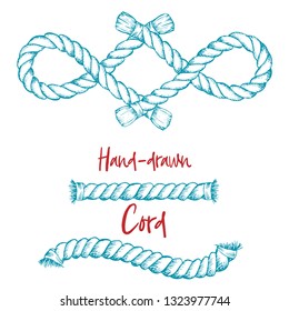 Hand-drawn cord frame in vintage engraving art style isolated on white background. For decoration design, border, web banner. Vector illustration.