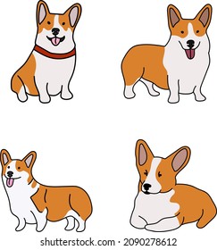 Hand-drawn corgi dog set, fun pets, smiling, lying, sitting, standing, in different poses. Flat cartoon style