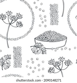 Hand-drawn coriander  seeds. Vector  seamless pattern.