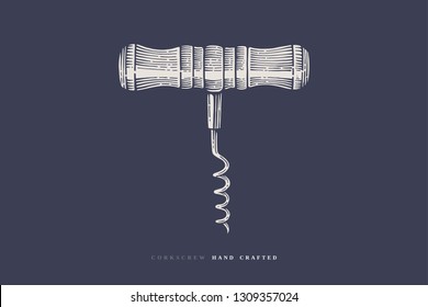 Hand-drawn corkscrew in an engraving style on a dark background. Vintage design element for the design of the wine menu of the restaurant, bar, cafe, label. Vector retro illustration.