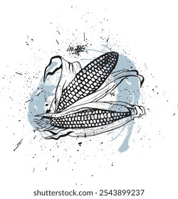 Hand-drawn corn illustration with ink splatters, fresh fruit vector	