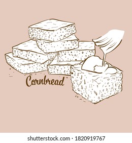 Hand-drawn Cornbread bread illustration. Cornbread, usually known in America. Vector drawing series.