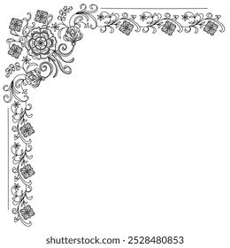 Hand-drawn corner frame with swirling blooming flowers. The corner is highly detailed with a large central flower surrounded by smaller blossoms and leaves.