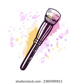 Hand-drawn cosmetic brush, beauty cosmetic element, self care. Illustration on a watercolor pastel background with splashes of paint. Useful for beauty salon, cosmetic store, makeup. Doodle sketch.