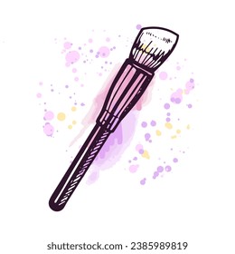 Hand-drawn cosmetic brush, beauty cosmetic element, self care. Illustration on a watercolor pastel background with splashes of paint. Useful for beauty salon, cosmetic store, makeup. Doodle sketch.