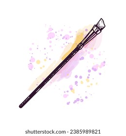 Hand-drawn cosmetic brush, beauty cosmetic element, self care. Illustration on a watercolor pastel background with splashes of paint. Useful for beauty salon, cosmetic store, makeup. Doodle sketch.